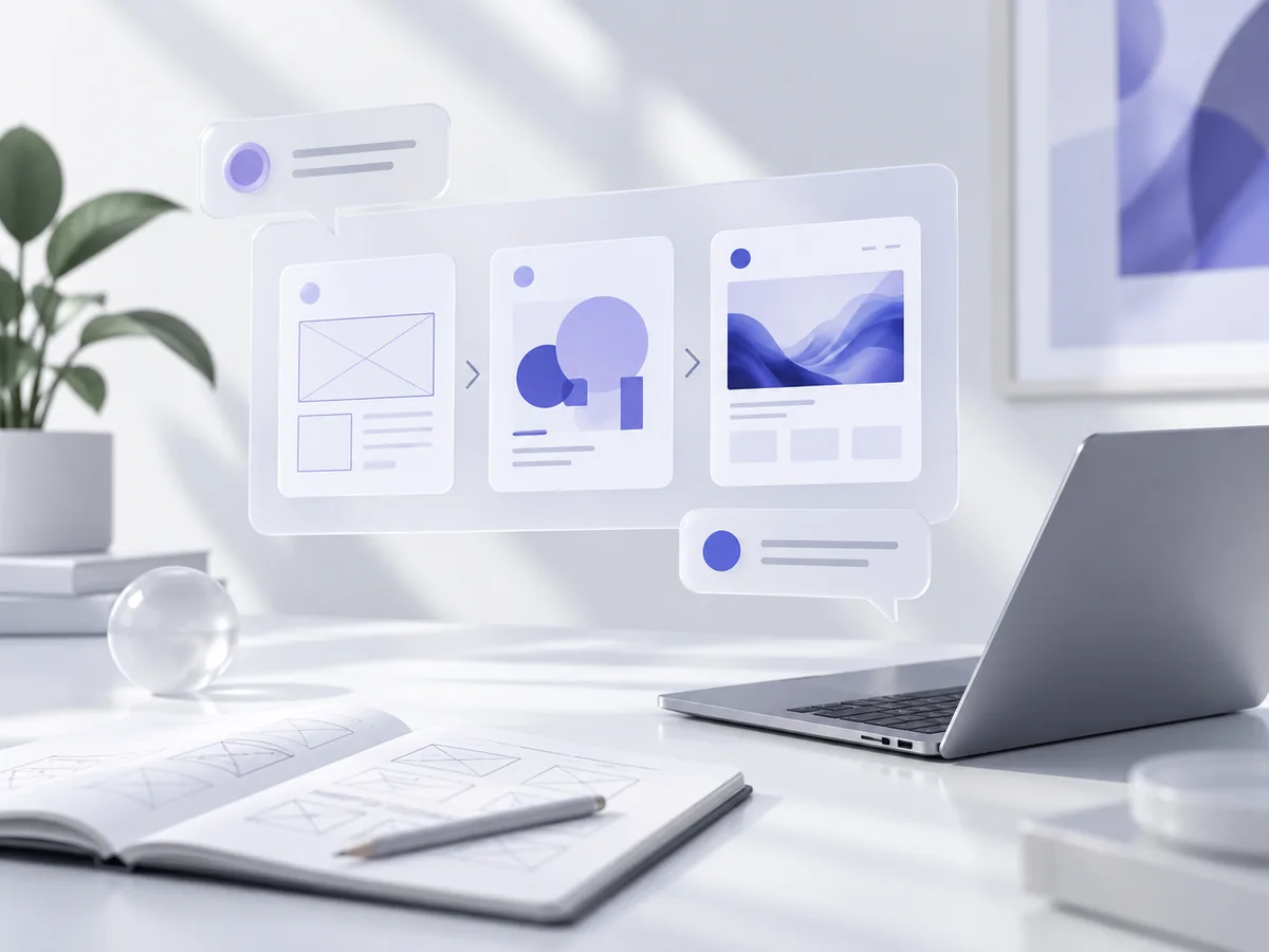 3D-Illustration: Website-Planung mit Laptop, Entwürfen und Sprechblasen für den direkten Austausch.